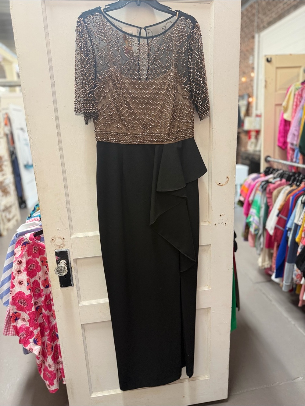 Elegant Black & Champagne Beaded Evening Dress